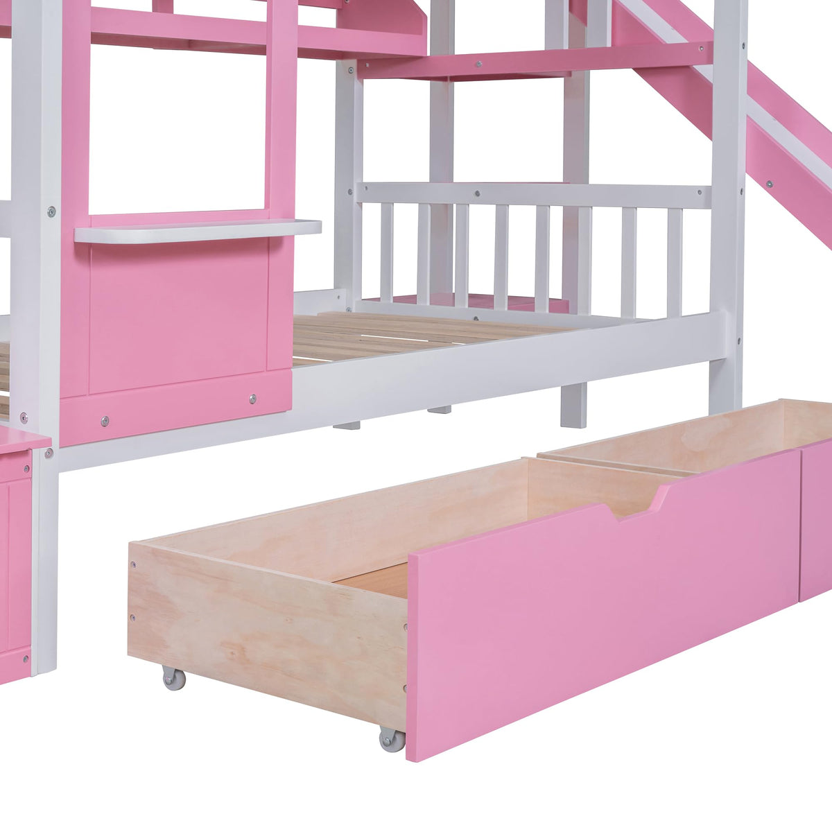 Twin Over Twin Bunk Bed with Slide, 2 Drawers & 3 Shelves I23749