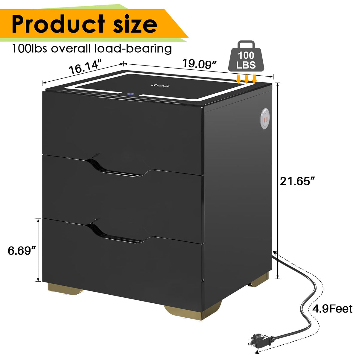 LED Nightstand with Wireless Charging Station 3 Drawers A511391