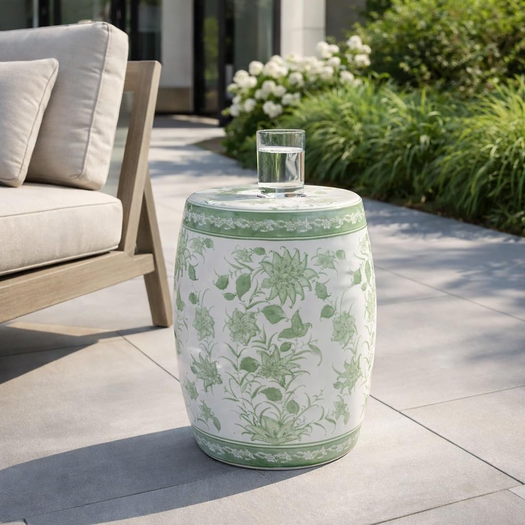 Green & White Chinoiserie Stool H379603