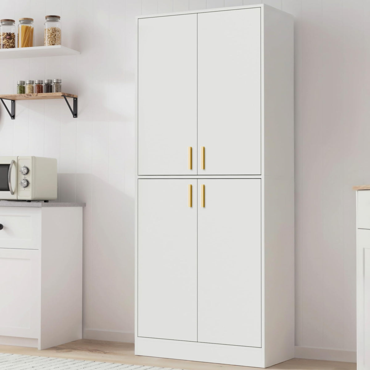 White Wood Storage Cabinet with Doors and Shelves T330