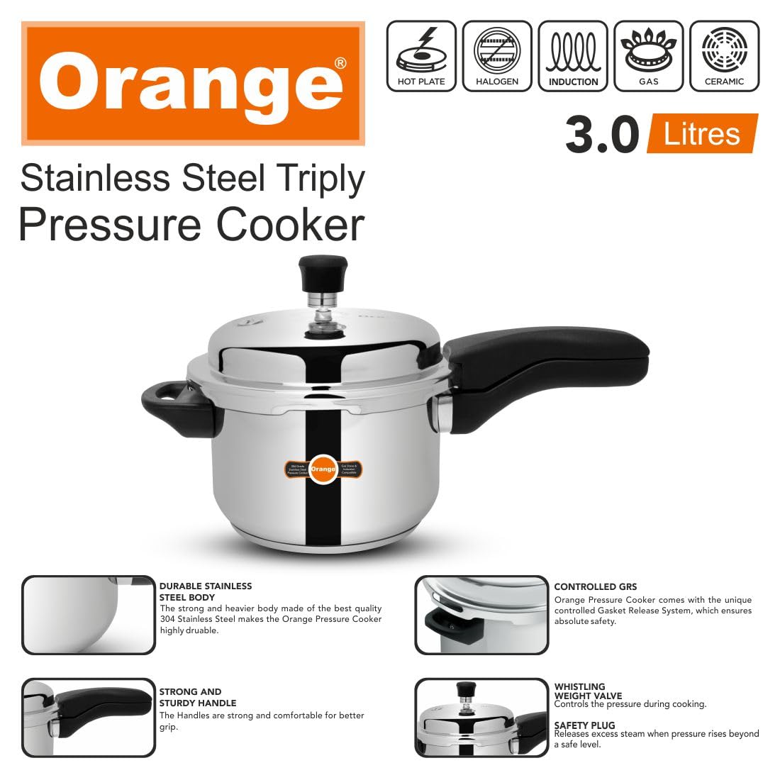 Orange Triply Stainless Steel Pressure Cooker 3L T15771