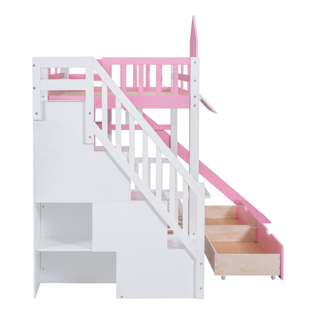 Twin Over Twin Bunk Bed with Slide, 2 Drawers & 3 Shelves I23749