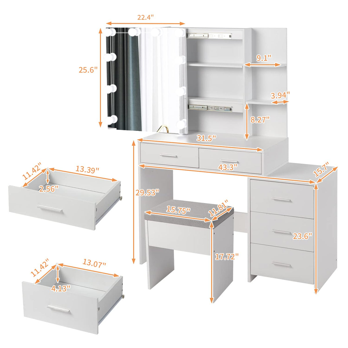 White Vanity Desk with Sliding Mirror U54688