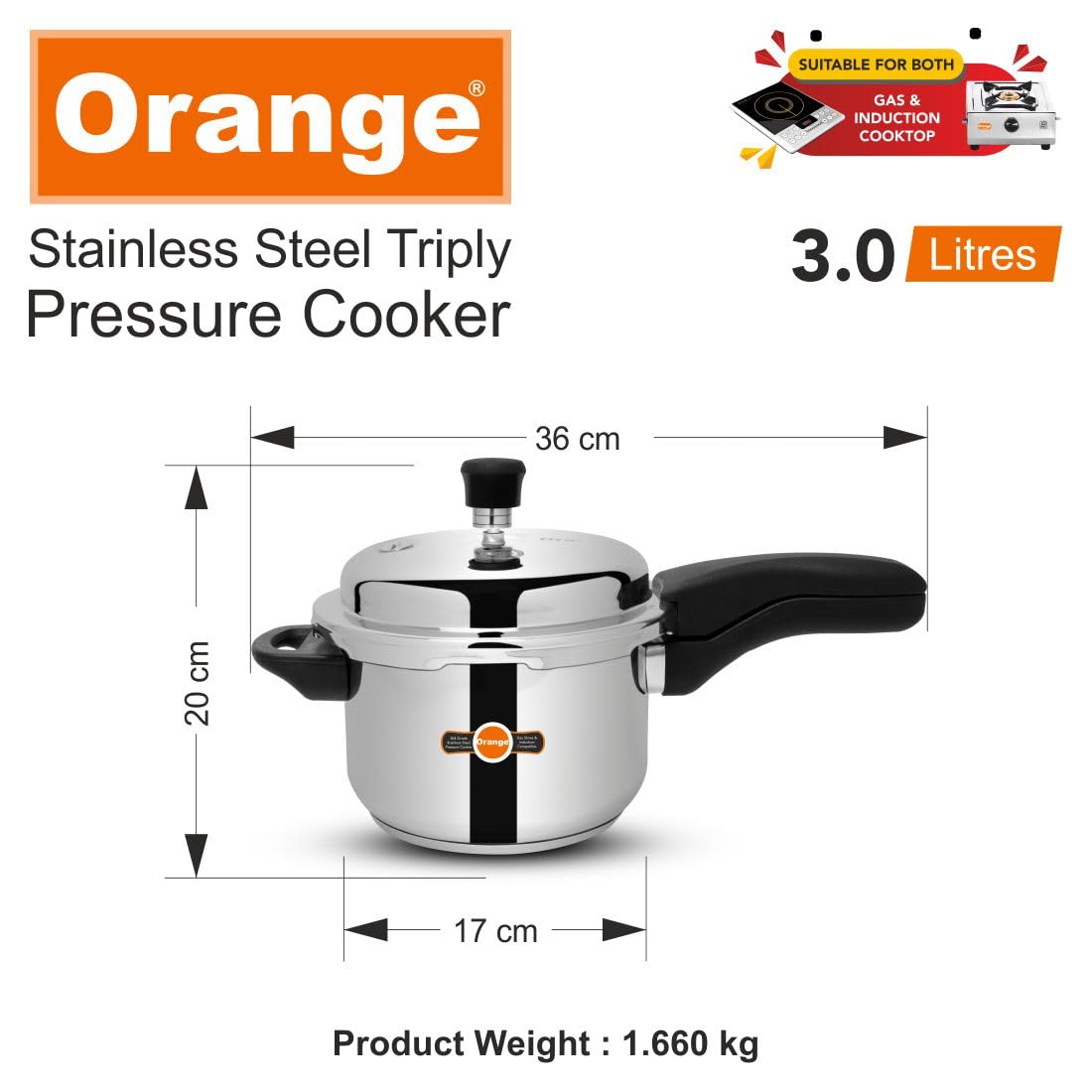 Orange Triply Stainless Steel Pressure Cooker 3L T15771
