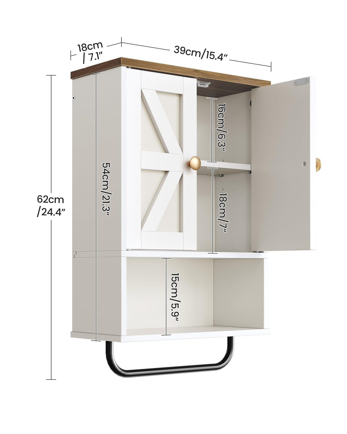 White and Walnut Bathroom Wall Cabinet with Towel Bar Z664990