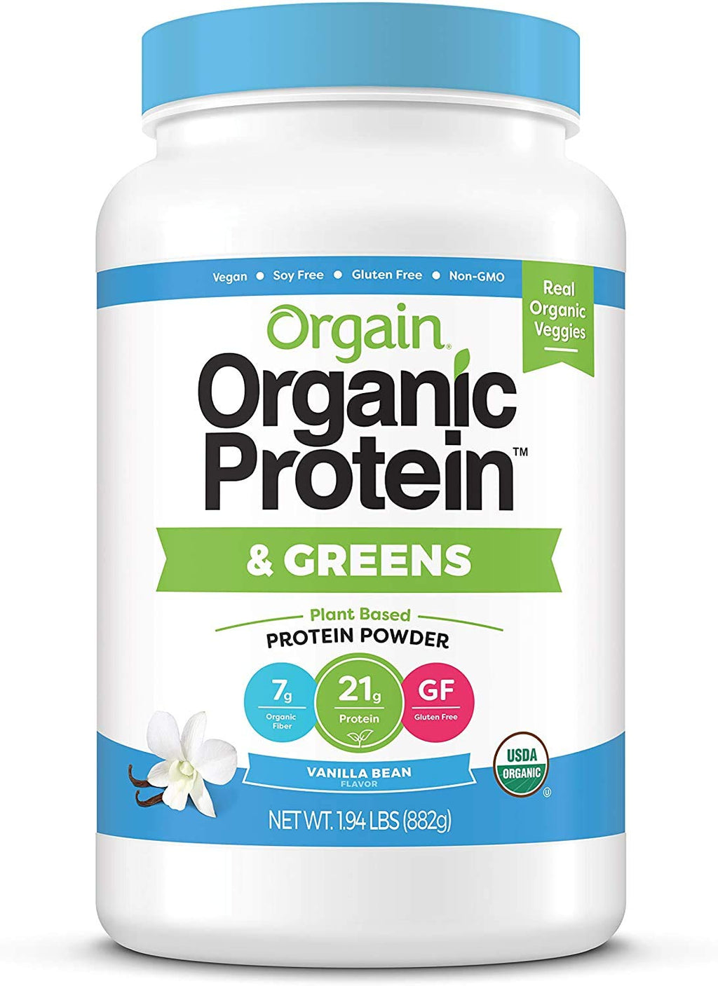 Organic Vegan Protein Powder + Greens, Vanilla Bean, 21g Plant Based Protein, 1.94lb W799493