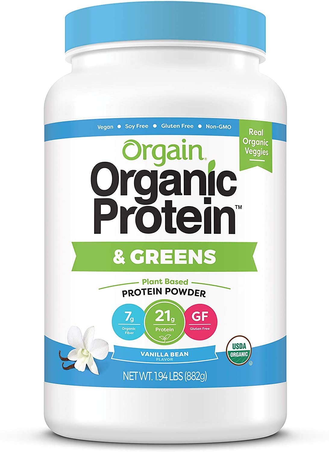 Organic Vegan Protein Powder + Greens, Vanilla Bean, 21g Plant Based Protein, 1.94lb W799493