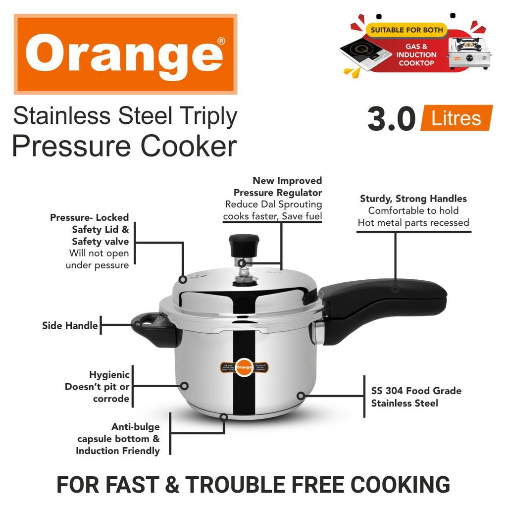 Orange Triply Stainless Steel Pressure Cooker 3L T15771