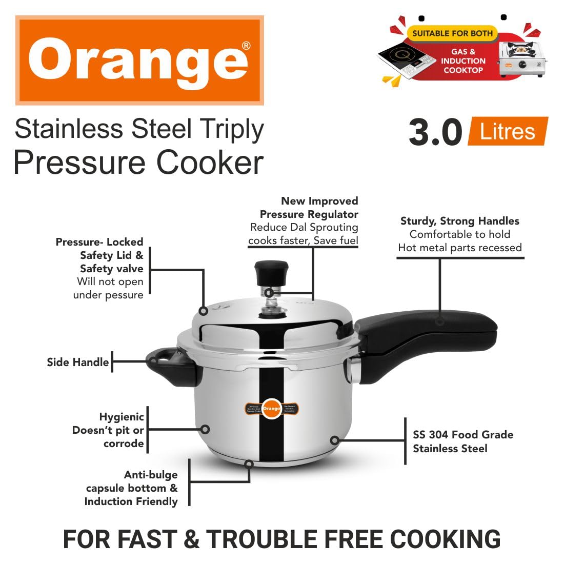Orange Triply Stainless Steel Pressure Cooker 3L T15771
