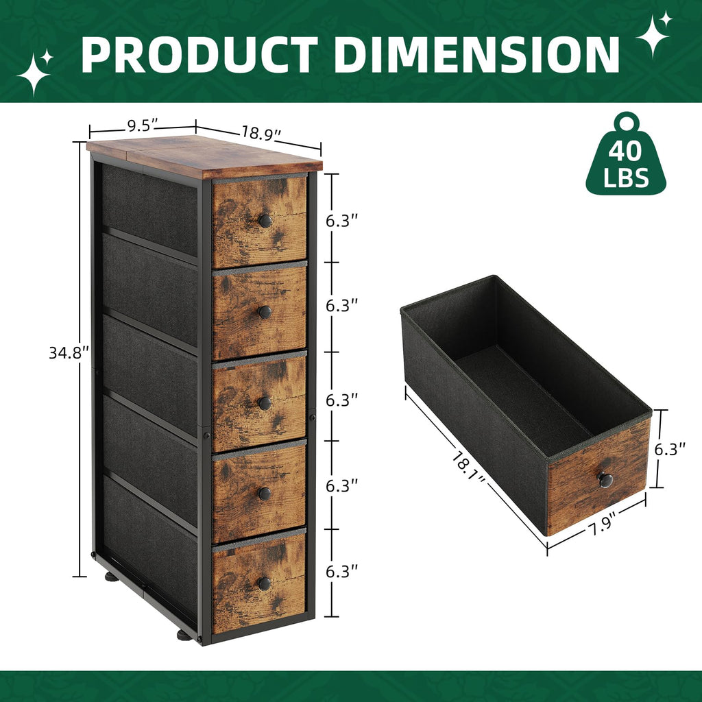 Narrow 5 Fabric Drawers Rustic Brown Dresser Y9063