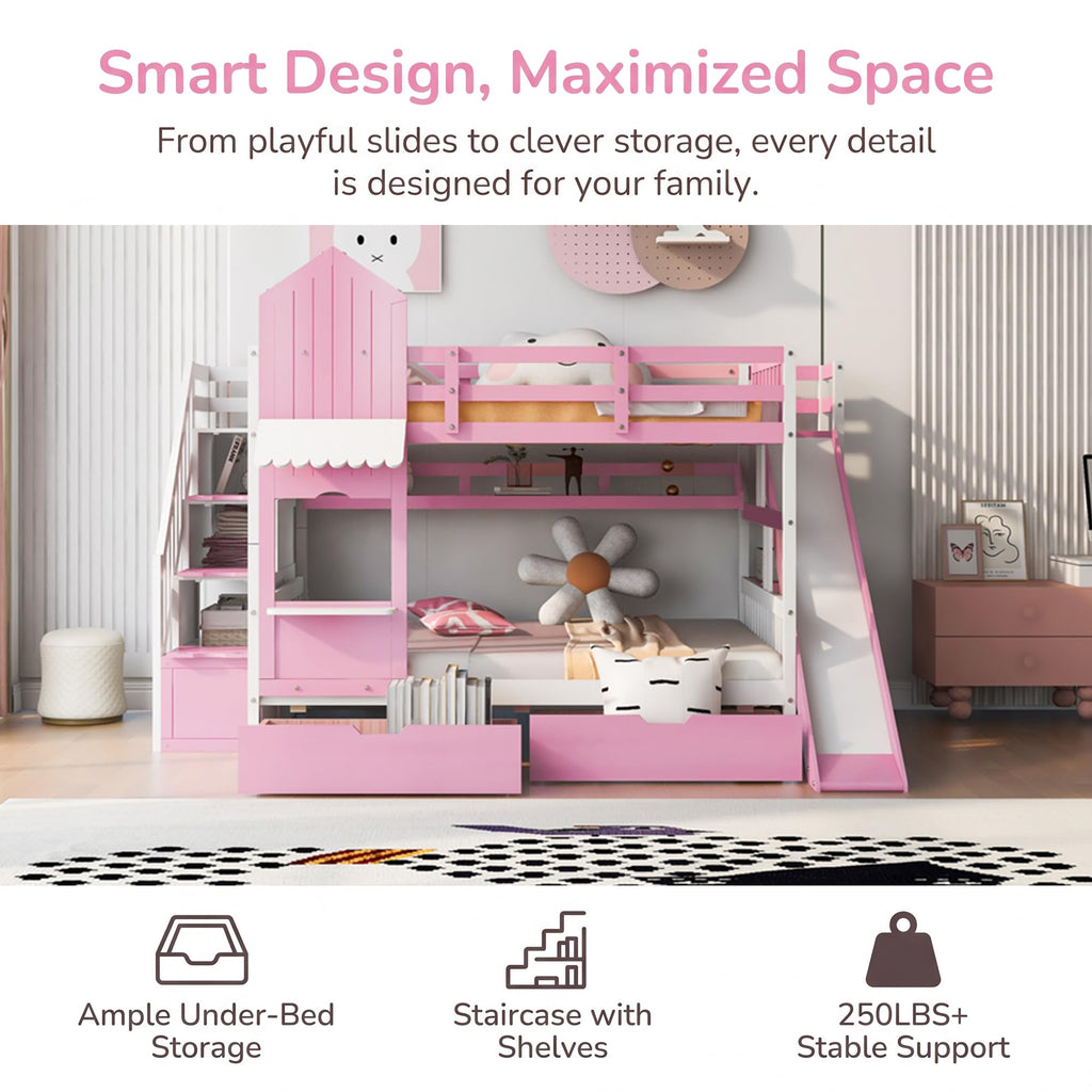 Twin Over Twin Bunk Bed with Slide, 2 Drawers & 3 Shelves I23749