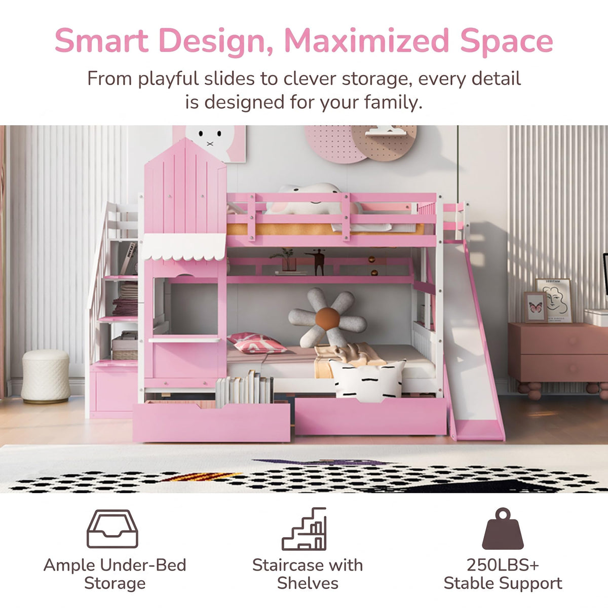 Twin Over Twin Bunk Bed with Slide, 2 Drawers & 3 Shelves I23749