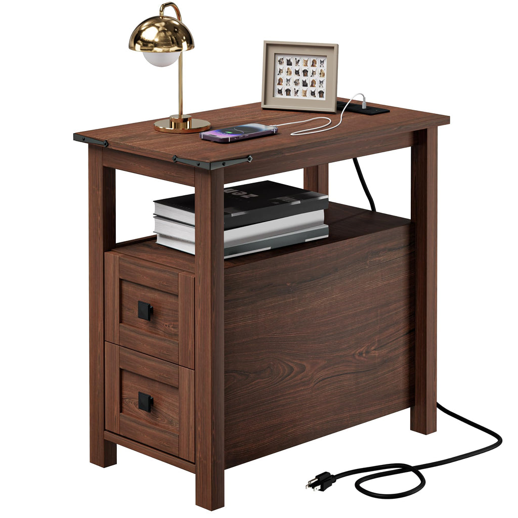 Cherry Wood End Table with Charging Station and 2 Storage Drawers D385