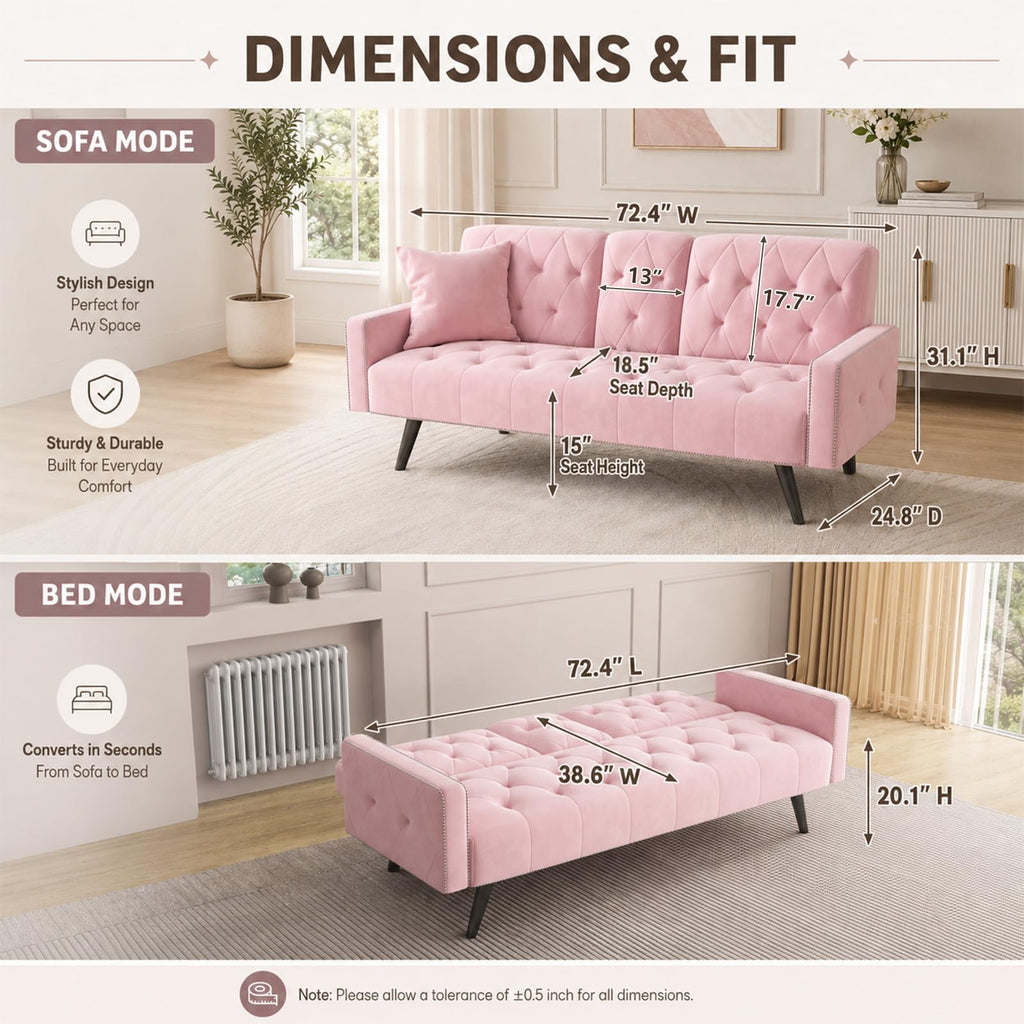 Pink Velvet 2 in 1 Futon Sofa Bed N8470