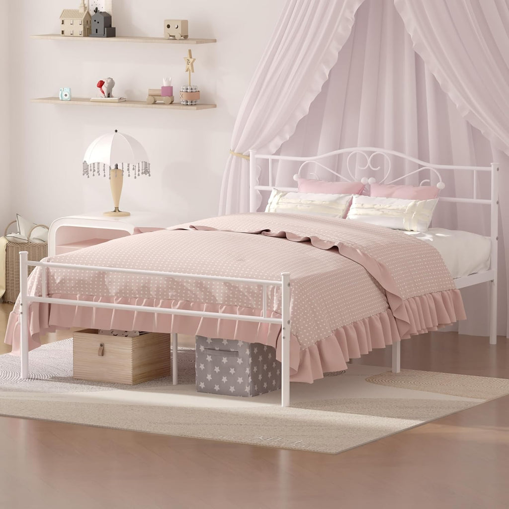 14 Inch Full Size White Metal Platform Bed Frame with Headboard and Footboard S848