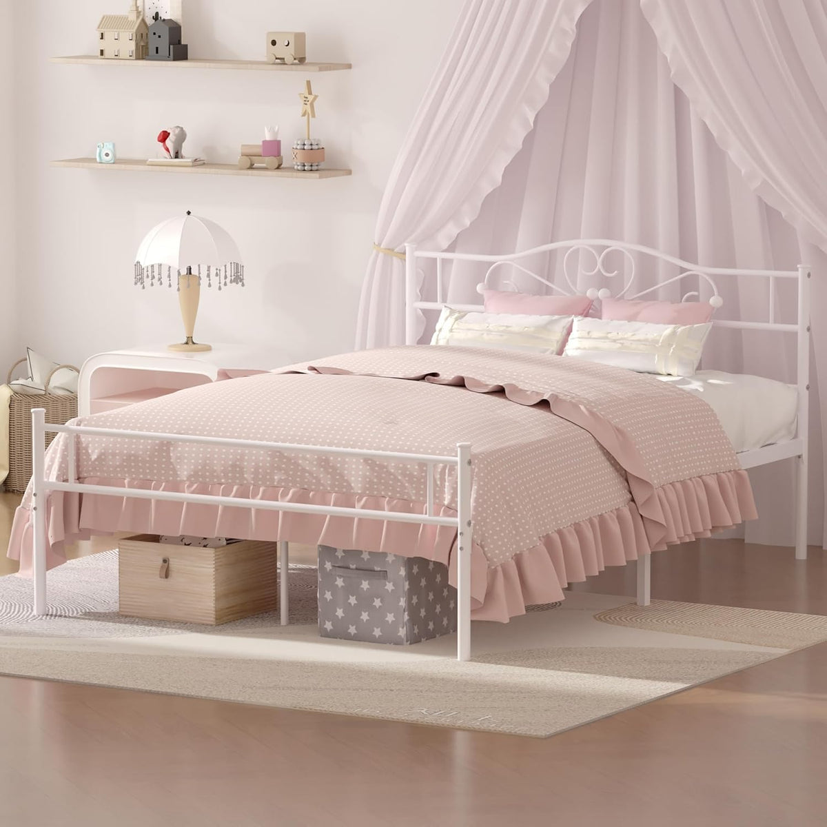 14 Inch Full Size White Metal Platform Bed Frame with Headboard and Footboard S848