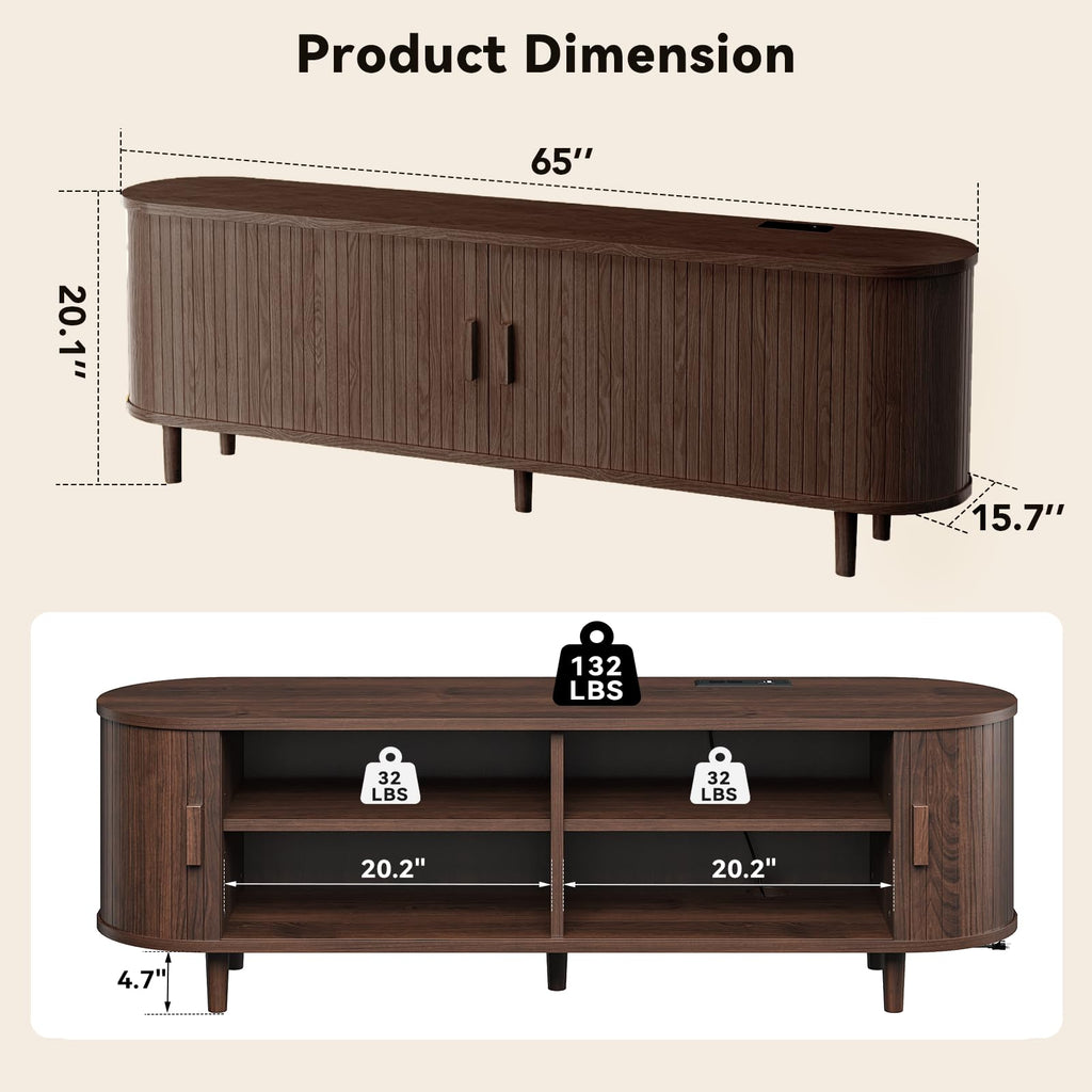 65" Walnut Wood TV Stand with Power Outlet and Sliding Doors B2468