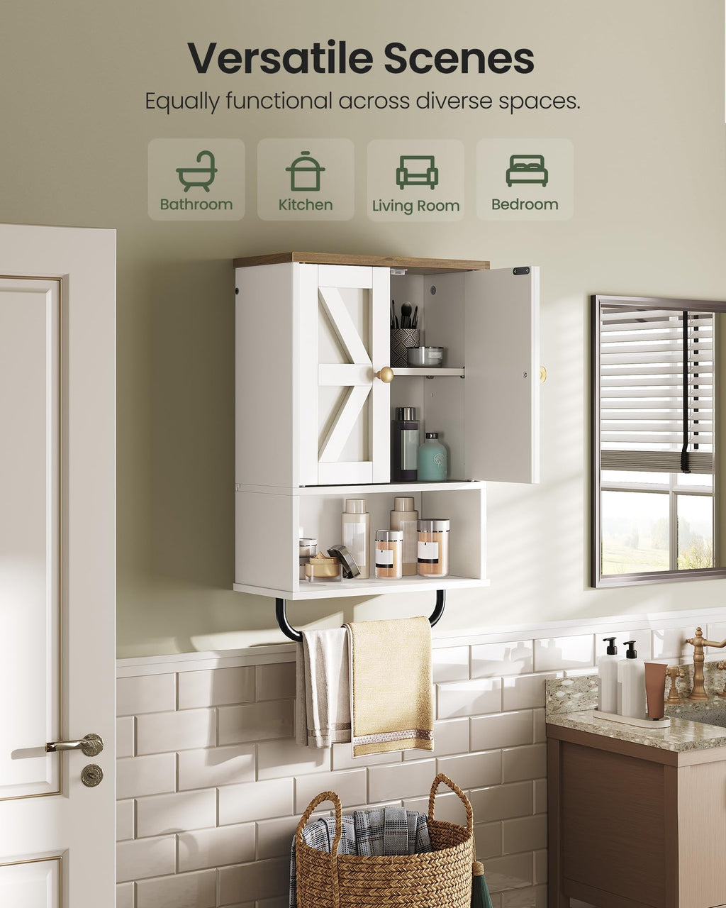 White and Walnut Bathroom Wall Cabinet with Towel Bar Z664990
