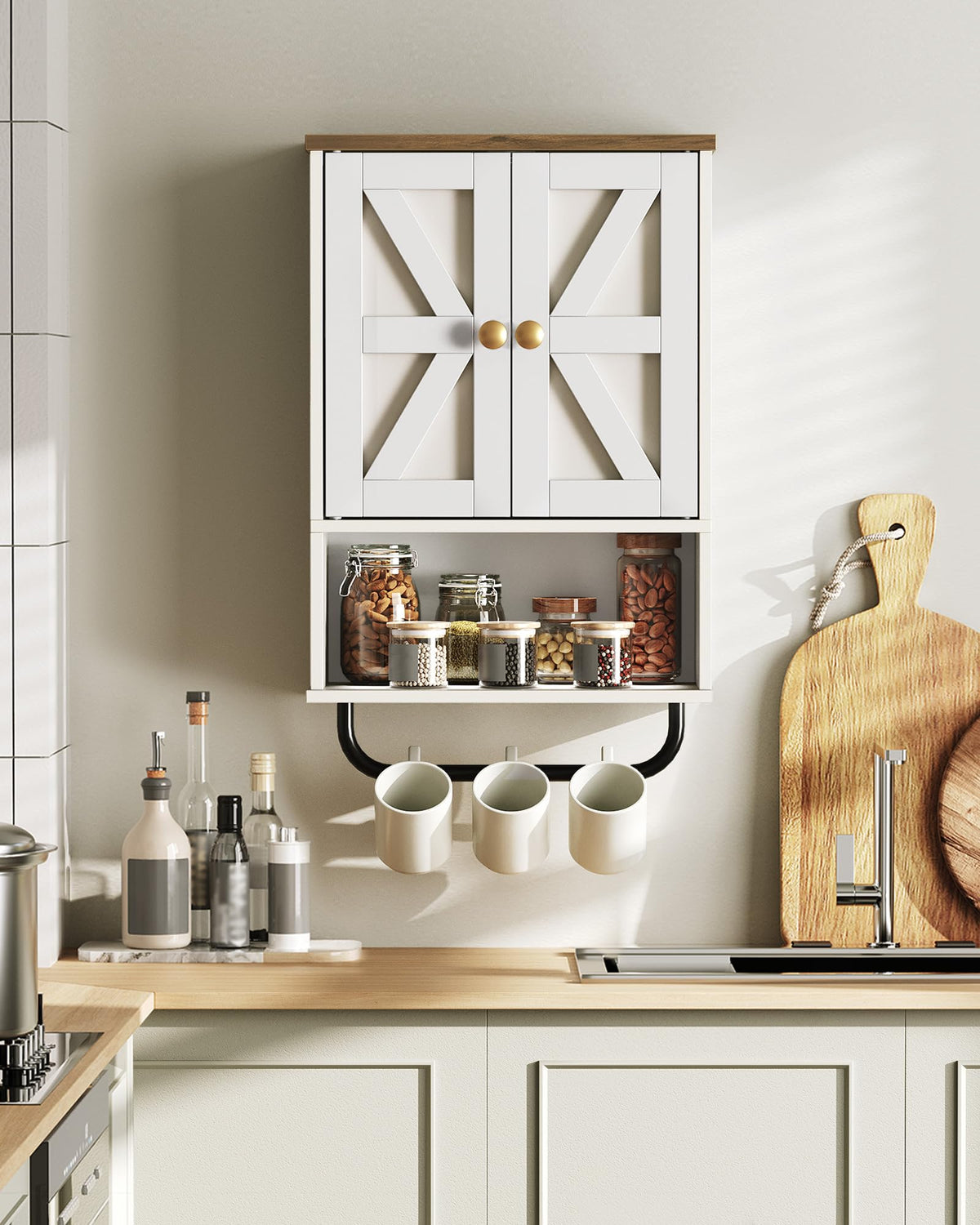 White and Walnut Bathroom Wall Cabinet with Towel Bar Z664990