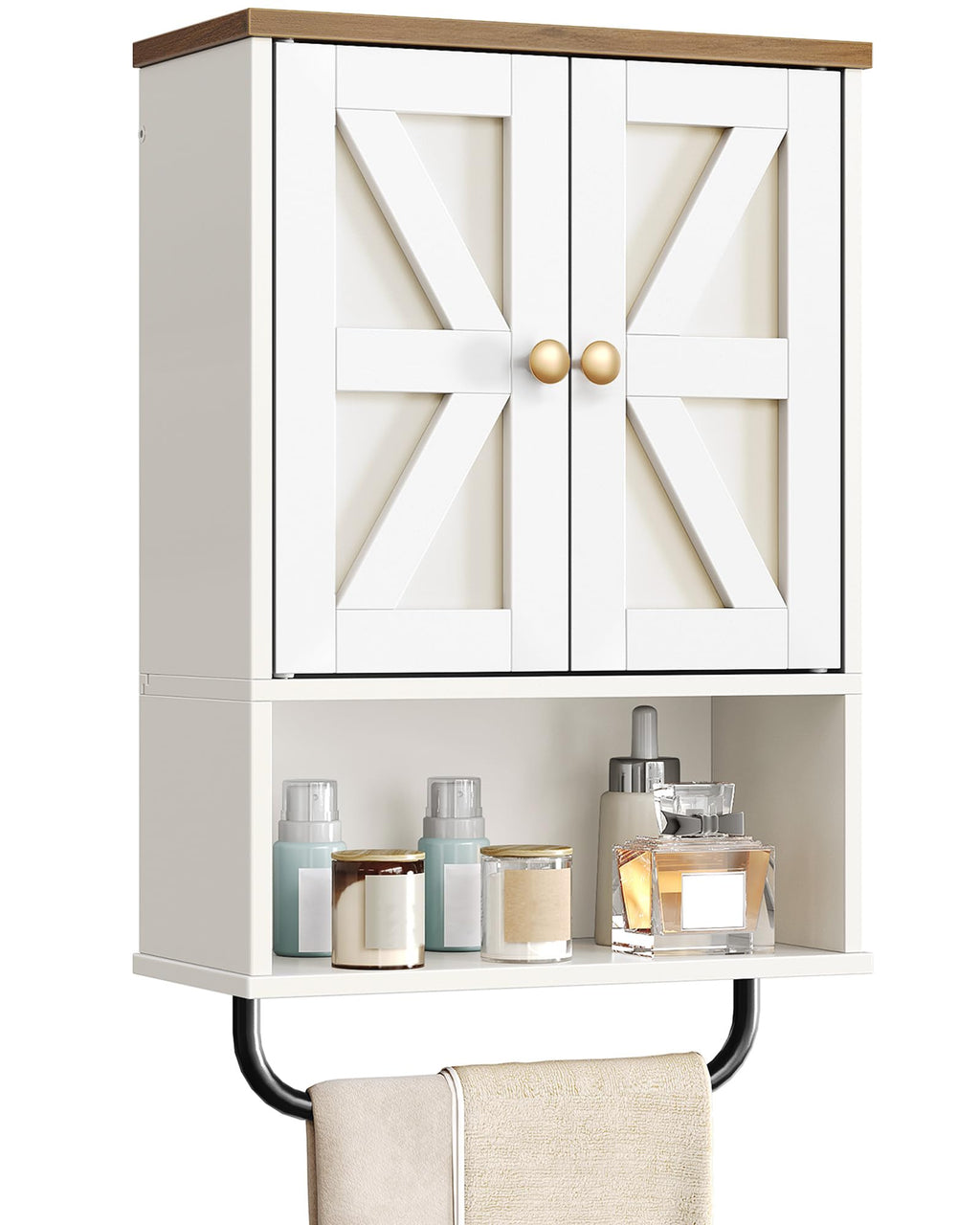 White and Walnut Bathroom Wall Cabinet with Towel Bar Z664990