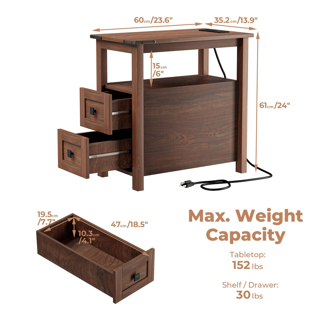 Cherry Wood End Table with Charging Station and 2 Storage Drawers D385
