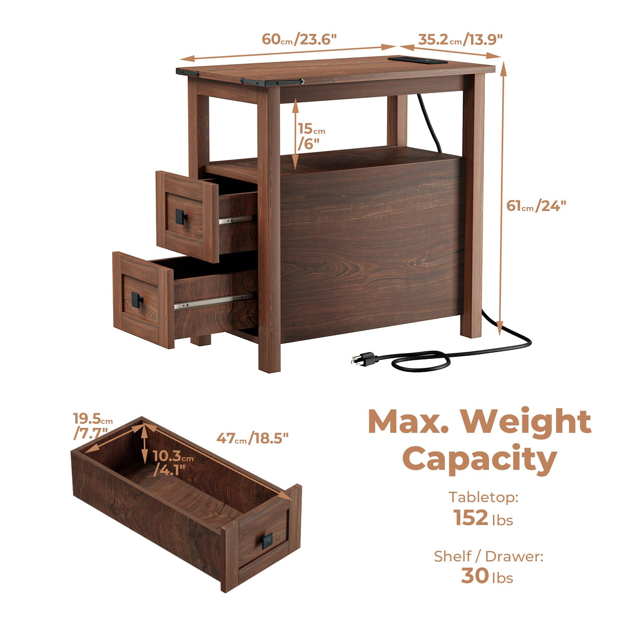Cherry Wood End Table with Charging Station and 2 Storage Drawers D385