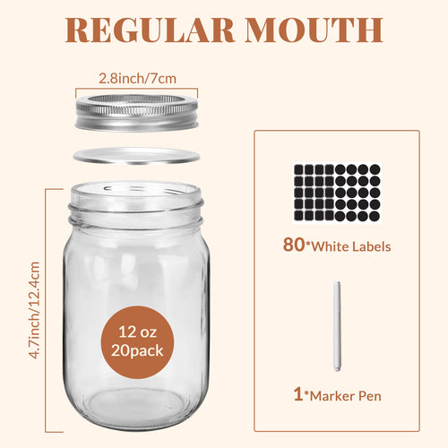 20 Pcs 12oz Glass Mason Jars With Lids K3794