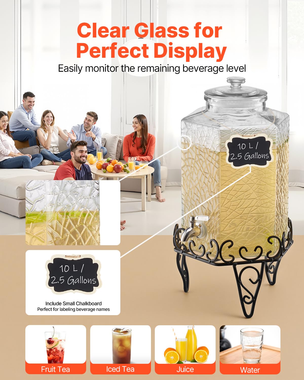 2.5 Gallon Glass Beverage Dispenser with Metal Stand A6754