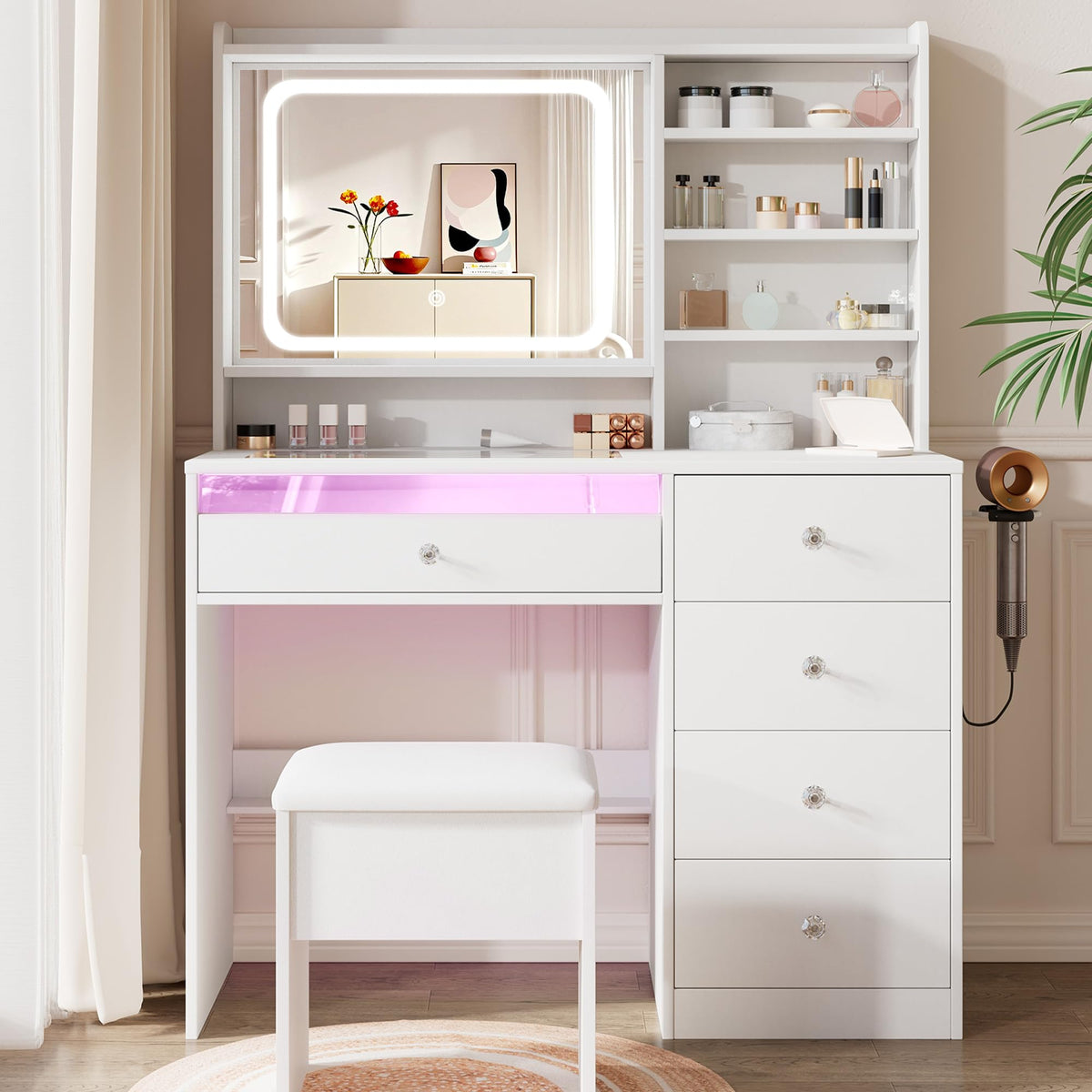 White Vanity Desk Set with Glass Desktop M142