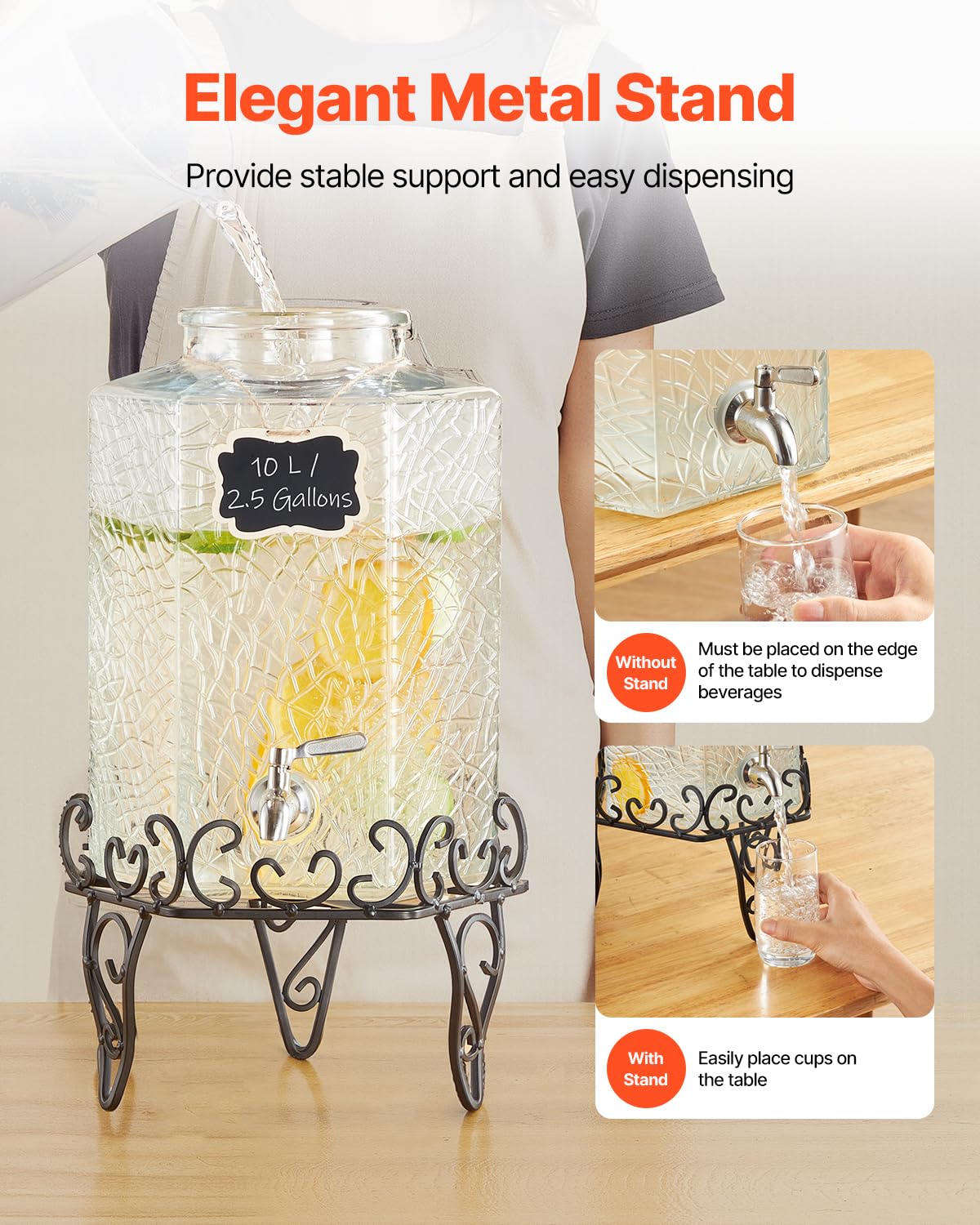 2.5 Gallon Glass Beverage Dispenser with Metal Stand A6754