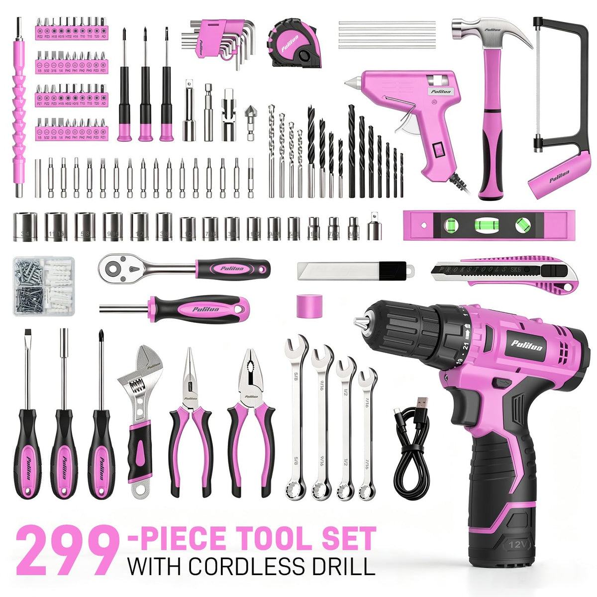 299 Piece Pink Cordless Drill Tool Set with Tool Box L270
