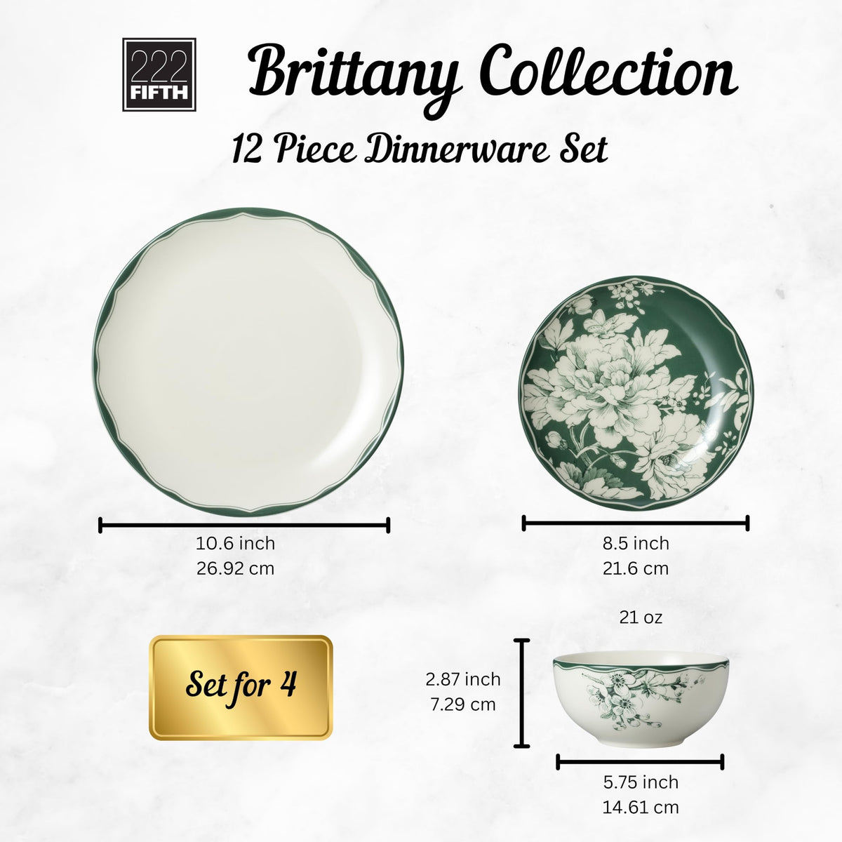 12-Piece Porcelain Dinnerware Set for 4, White & Sage Green Plates and Bowls Set S302