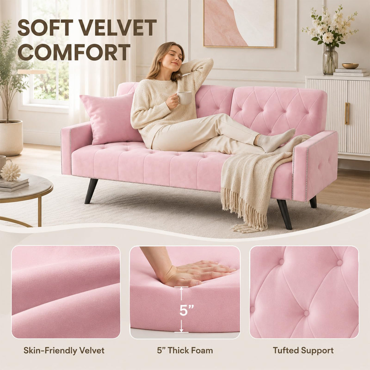 Pink Velvet 2 in 1 Futon Sofa Bed N8470
