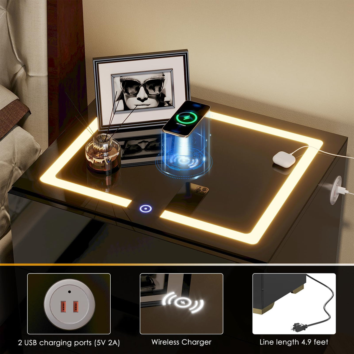 LED Nightstand with Wireless Charging Station 3 Drawers A511391