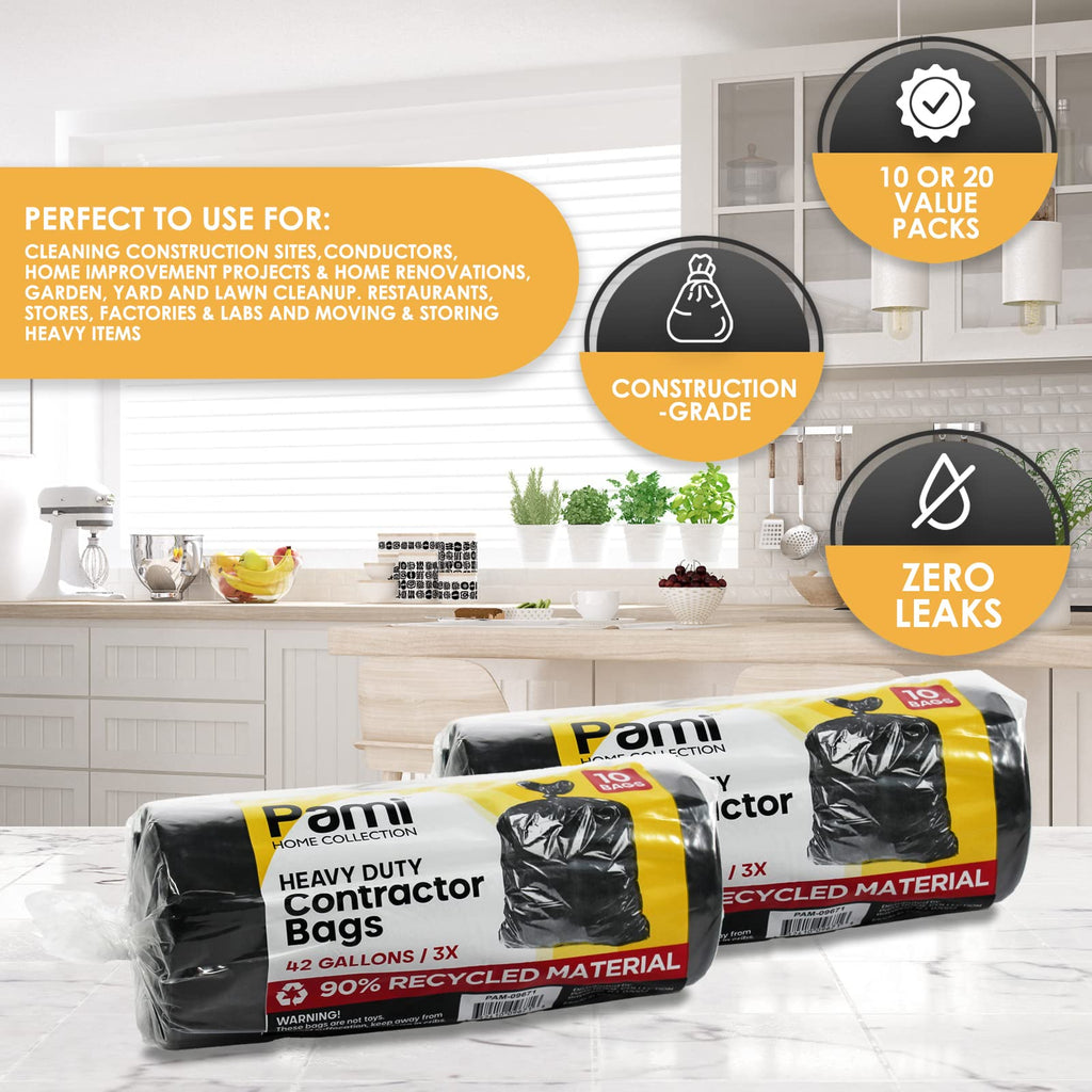 Heavy Duty 42-Gallon Contractor Trash Bags, Tear Resistant, Black, 10 Ct S10914