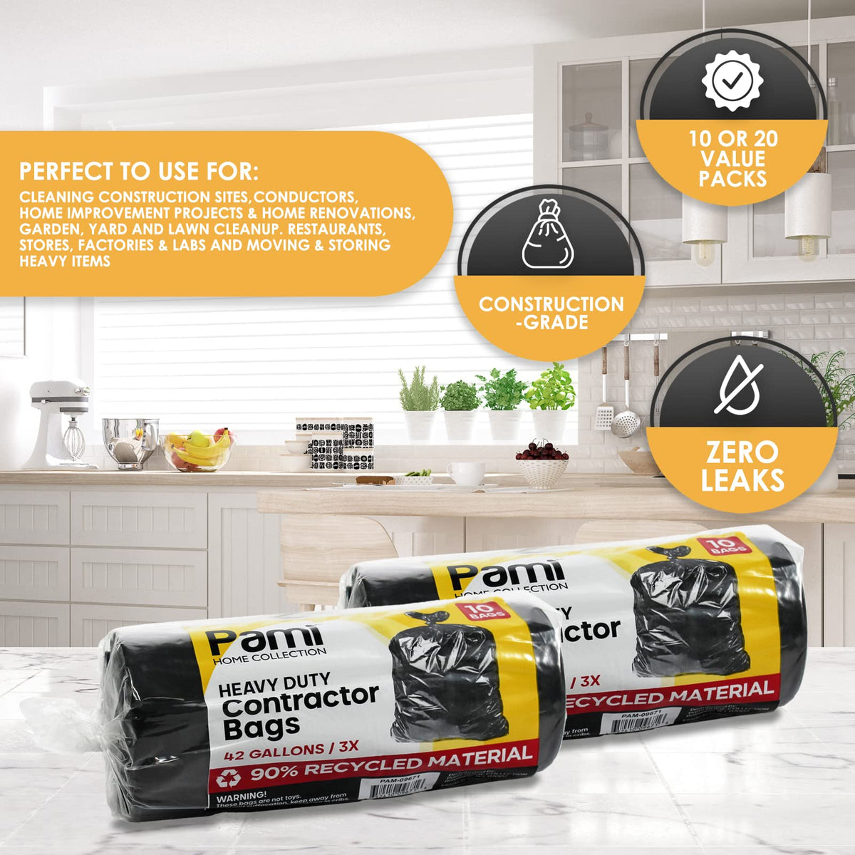 Heavy Duty 42-Gallon Contractor Trash Bags, Tear Resistant, Black, 10 Ct S10914