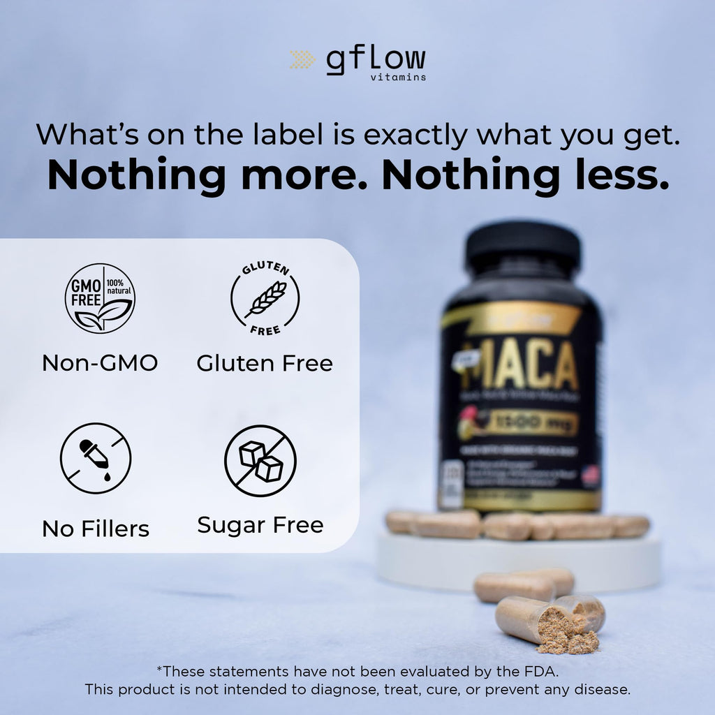 Organic Maca Root Capsules - Black, Red, Yellow Peruvian Maca Root Extract & Black Pepper - 120 Vegan Pills S712