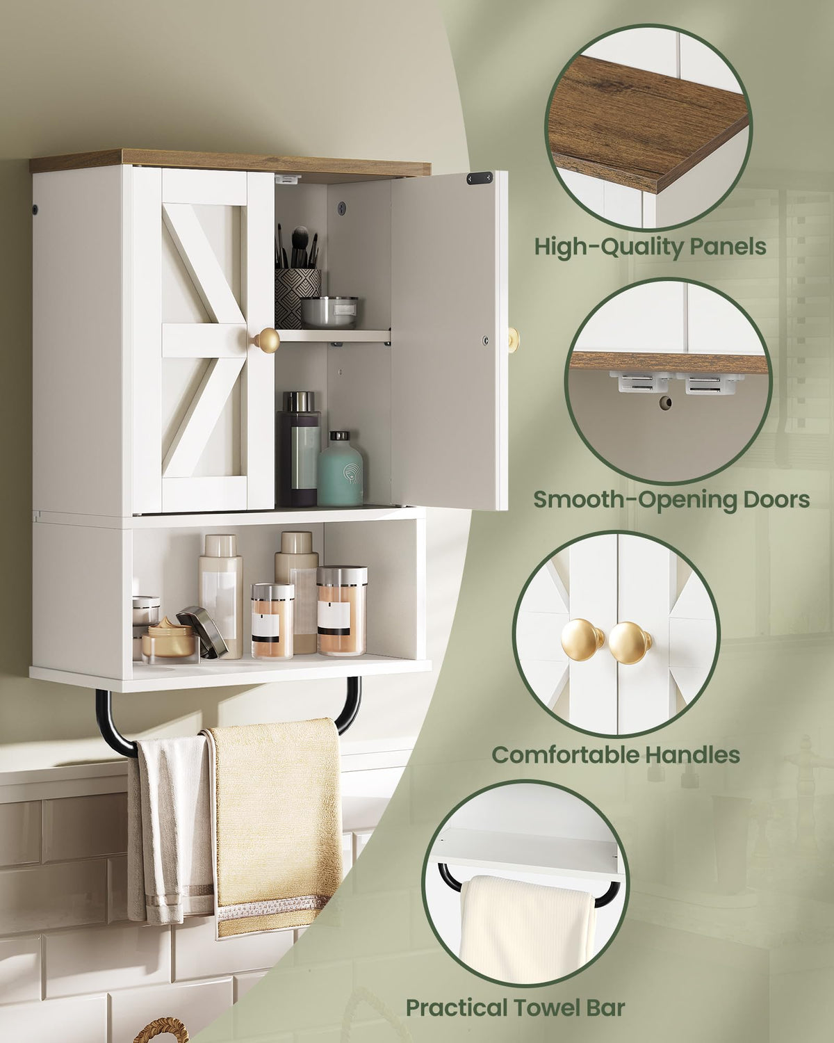 White and Walnut Bathroom Wall Cabinet with Towel Bar Z664990