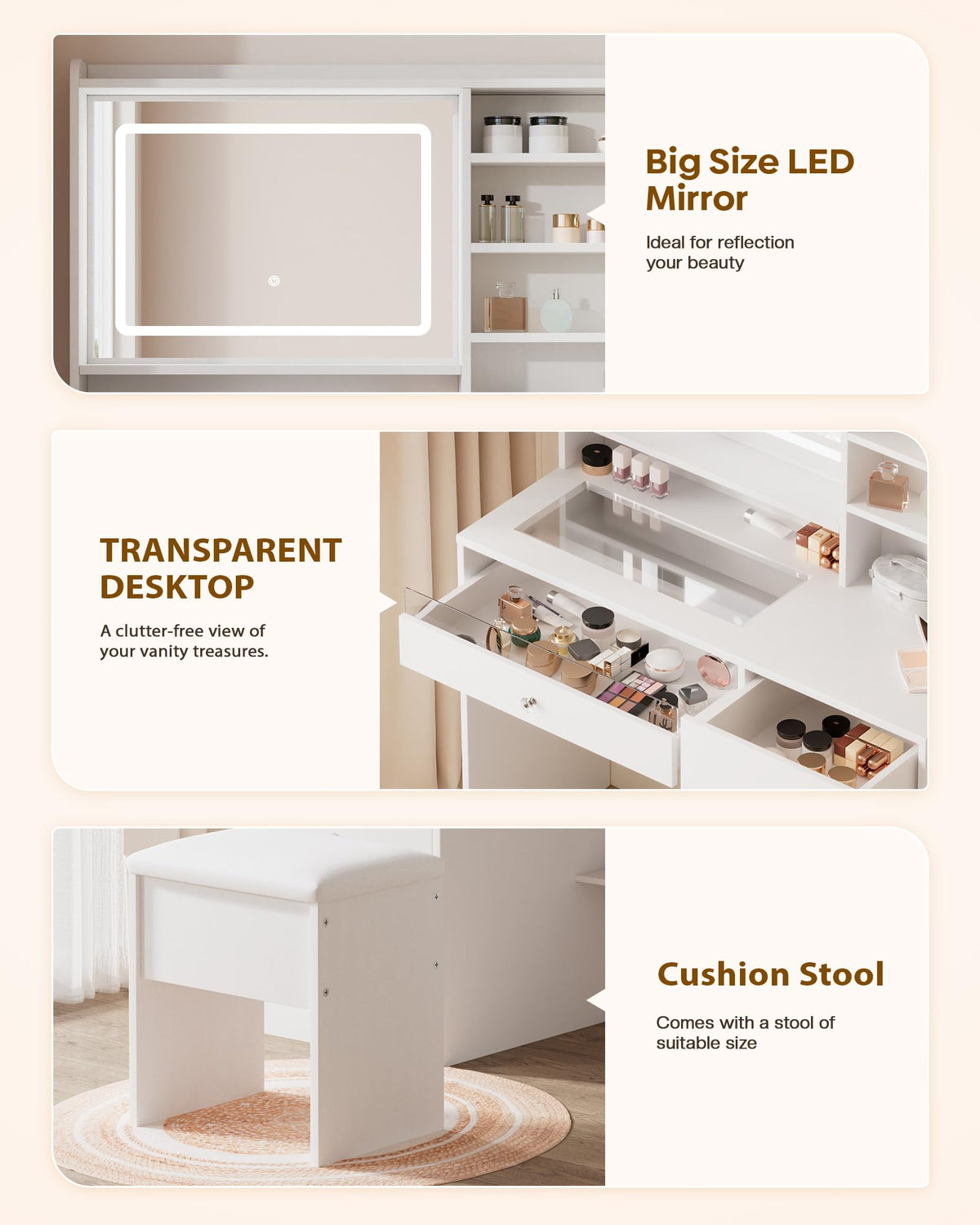 White Vanity Desk Set with Glass Desktop M142