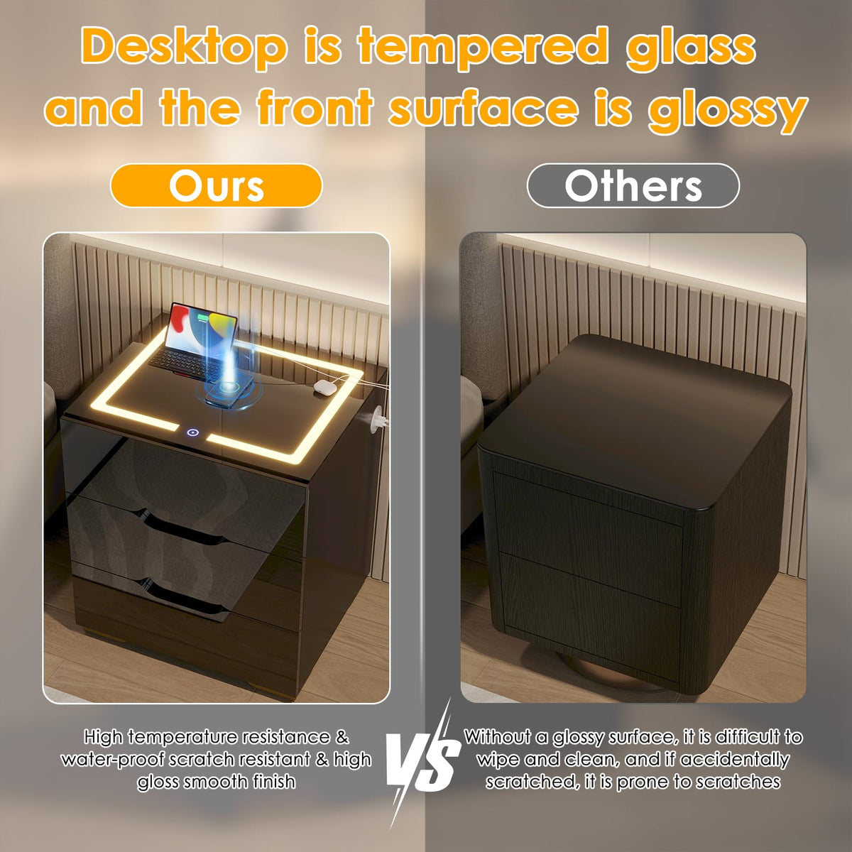 LED Nightstand with Wireless Charging Station 3 Drawers A511391