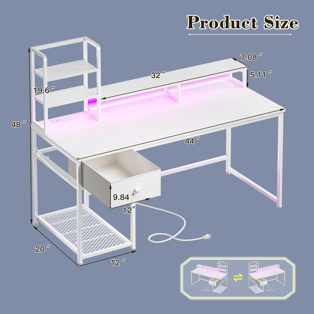 44" White Gaming Desk with Hutch & Shelves S135