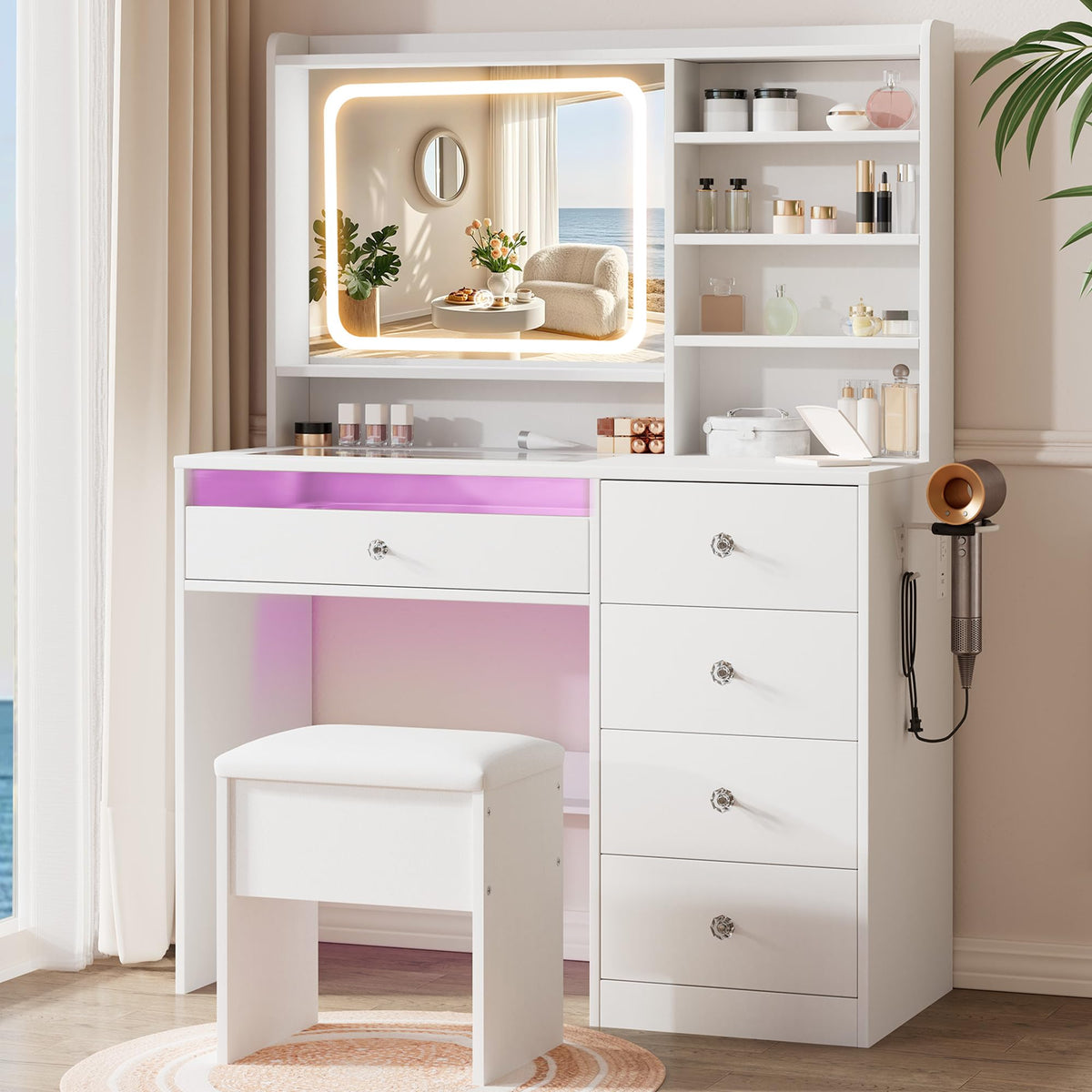 White Vanity Desk Set with Glass Desktop M142
