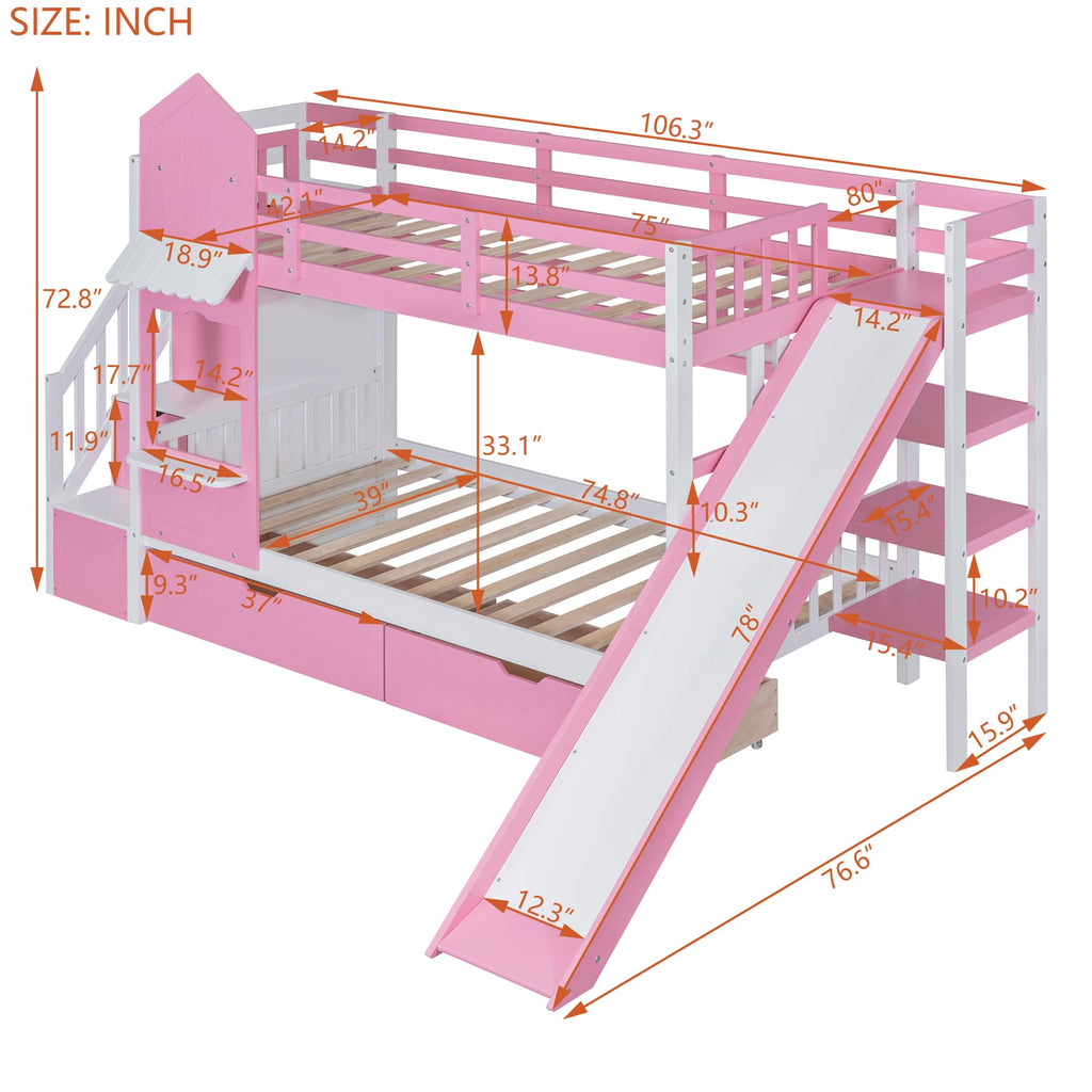 Twin Over Twin Bunk Bed with Slide, 2 Drawers & 3 Shelves I23749