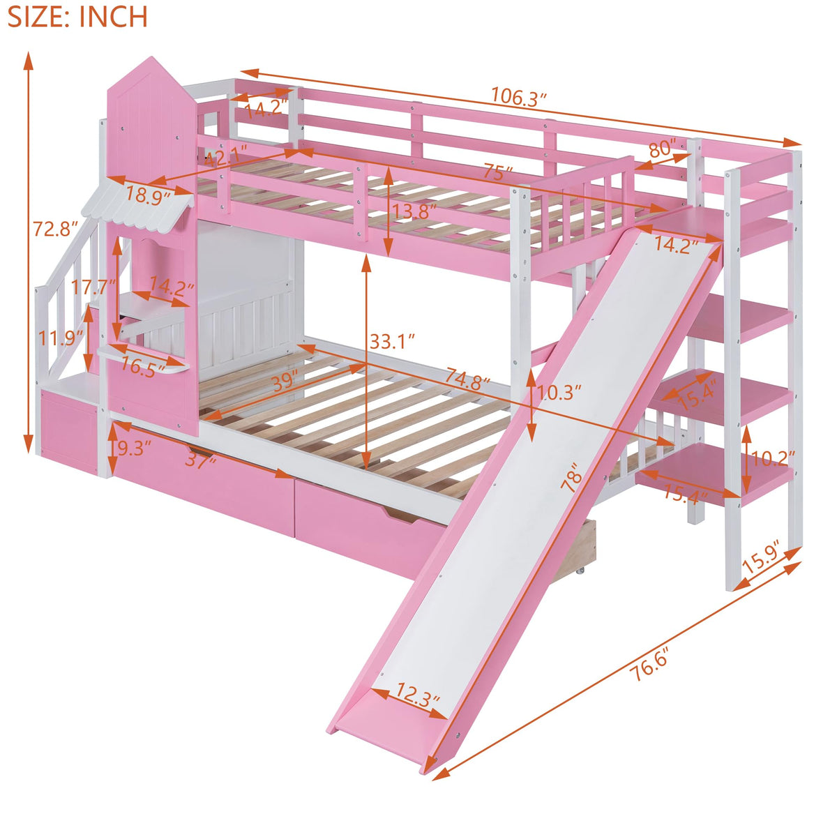 Twin Over Twin Bunk Bed with Slide, 2 Drawers & 3 Shelves I23749