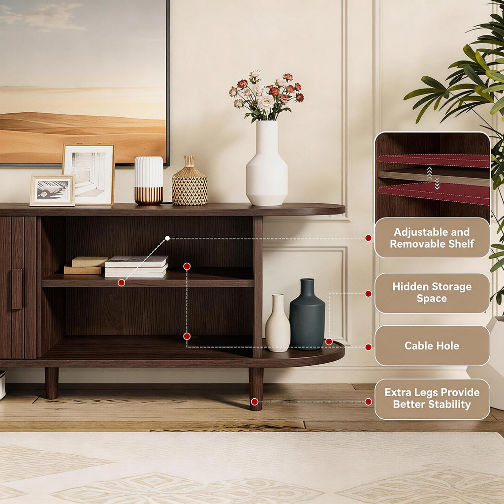 65" Walnut Wood TV Stand with Power Outlet and Sliding Doors B2468