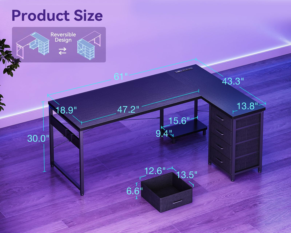 61" L Shaped Gaming Desk with 4 Drawers and Power Outlets, Black D540