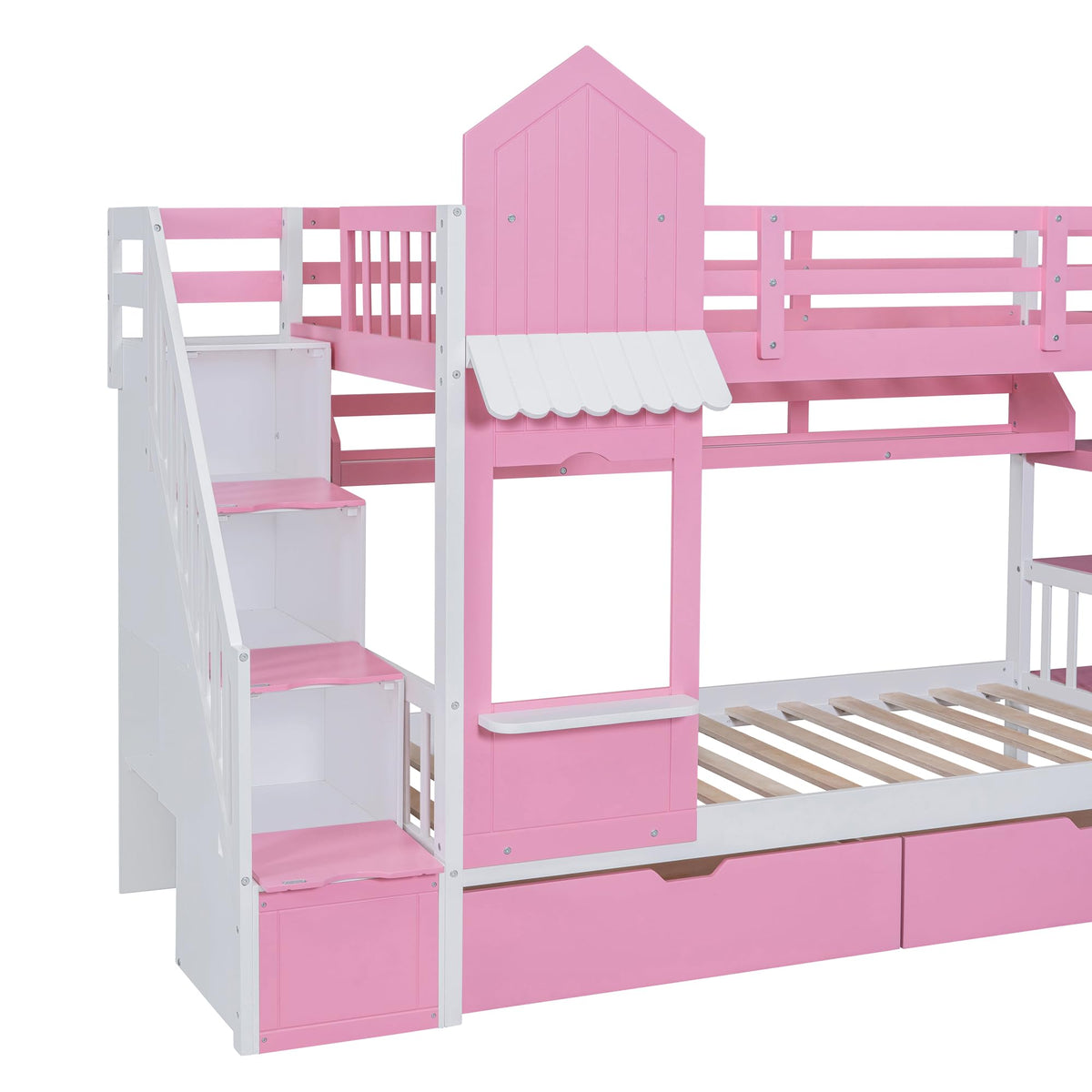 Twin Over Twin Bunk Bed with Slide, 2 Drawers & 3 Shelves I23749