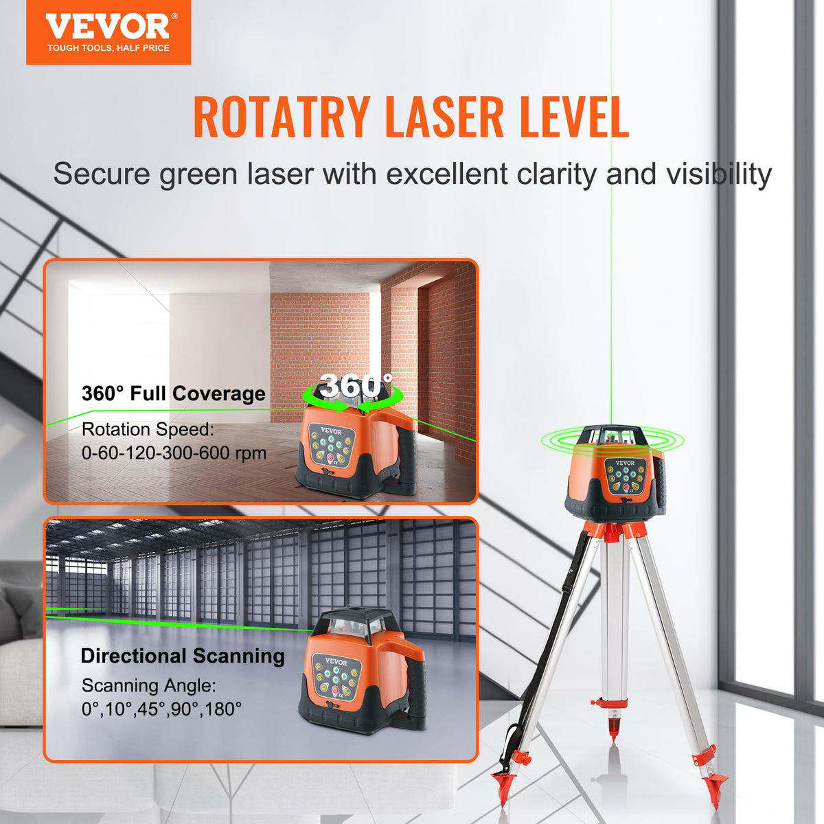 Green 360 Degree Self Leveling Rotary Laser Level Kit with Tripod & Staff K58463