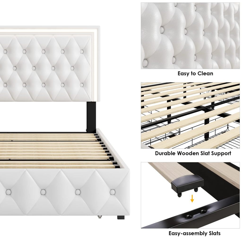 White Full Size LED Bed Frame with 4 Storage Drawers and Adjustable Headboard J206142