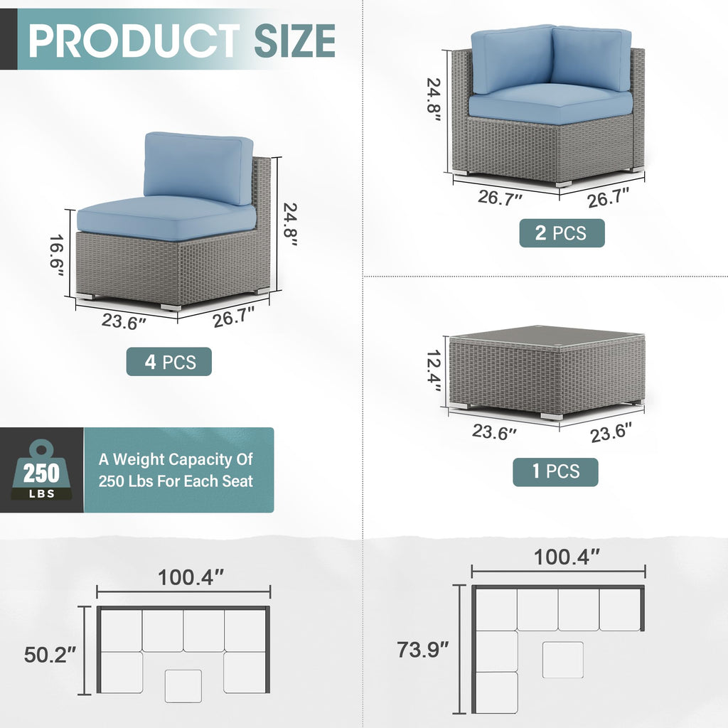 7 Piece Grey Wicker Rattan Patio Furniture Set with Glass Coffee Table P25209